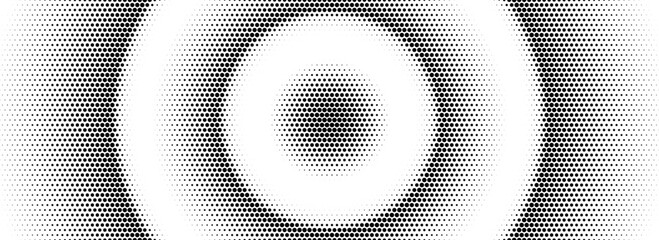 Poster - Halftone circle background. Black and white dotted circular gradient. Radial comic target texture. Grunge rough round pop art backdrop. Fading dot epicenter wallpaper concept. Vector