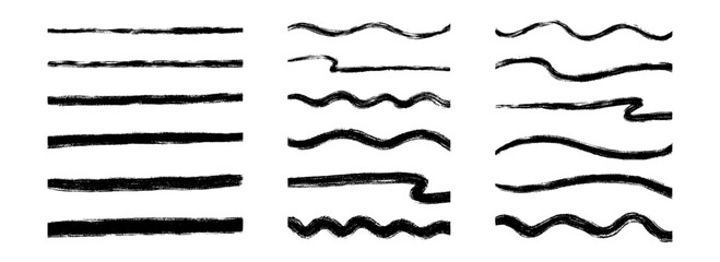 Aufkleber - Straight and wave paint line set. Thin to thick sketch brush stroke collection. Rough charcoal curved stripes for highlight, underline, emphasis. Vector hand drawn long and short crayon chalk strips
