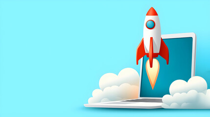 Poster - Red and White Rocket Launching from Laptop on Light Blue Background