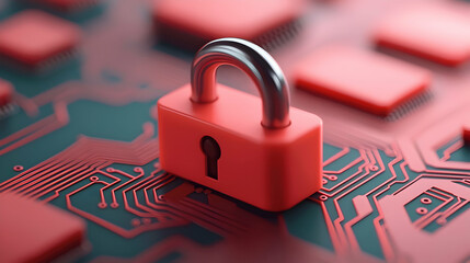 Poster - Red Padlock on Red Circuit Board: Cybersecurity and Data Protection