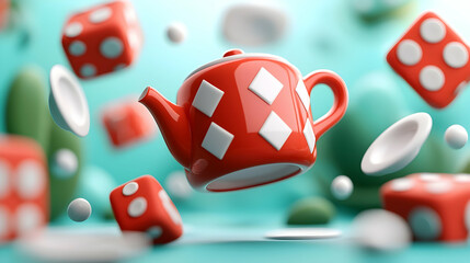 Poster - Red Teapot and Dice Levitating in a Cyan Background