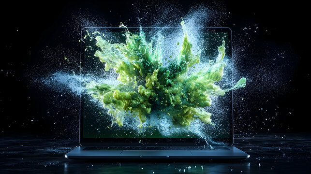 Green and Blue Particle Explosion from Laptop Screen