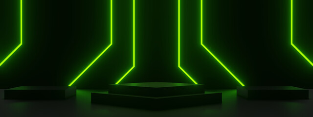 Wall Mural - 3d black podium with green neon lights