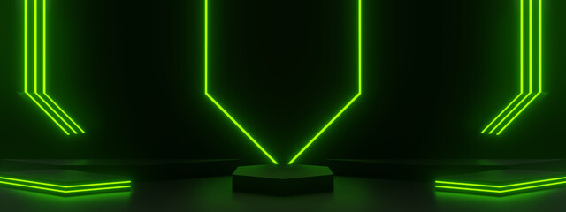Wall Mural - 3d black podium with green neon lights