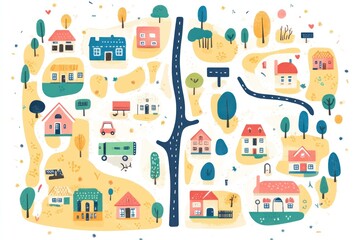 Colorful cartoon map of a charming suburban neighborhood with roads, houses, and trees