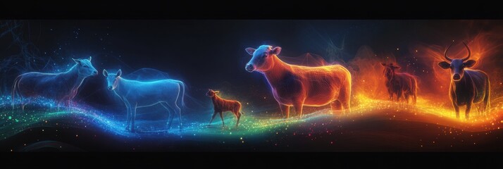 Aufkleber - Surreal composition of glowing farm animals in a dreamlike atmosphere with smooth gradients and vibrant colors Generative AI