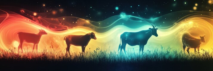 Fototapete - Surreal abstract farm animals illuminated by glowing energy in a dreamlike atmosphere with smooth gradients and enchanting colors Generative AI