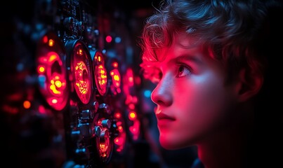 Boy Looking at Complex Computer Interface with Red Glowing Lights