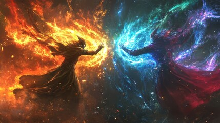 Wall Mural - A grand magical duel between two powerful wizards, with colorful energy blasts colliding, realistic