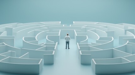 a solitary person standing in the center of an intricate architectural maze or labyrinth with geomet