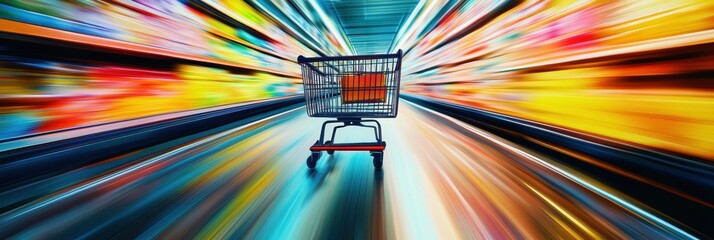 Poster - Grocery cart speeds through supermarket aisle in a colorful and dynamic burst of energy Generative AI