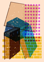 Poster - Risograph Book with geometric shapes. Objects in trendy riso graph print texture style design with geometry elements.