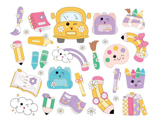 Poster - School elements clipart set. Back to school colorful drawing icon elements clip art collection for kinder educational materials like bag, pencil, book, crayons and brush with flowers vector 