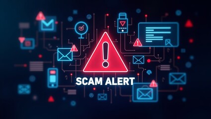 Aufkleber - Vibrant digital illustration of a 'Scam Alert' warning against online fraud and cyber threats with a tech-inspired background.