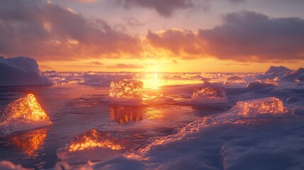 Poster - A beautiful scene of ice cubes on the frozen Arctic coastline at sunset, with the warm light reflecting off the ice, creating an ethereal view