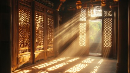 Aufkleber - A beautifully crafted sunlit wooden interior with elegant latticework, highlighting the intricate details and creating a peaceful, artistic ambiance