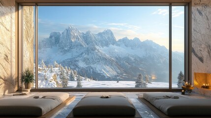 Poster - A beautifully designed relaxation room with a panoramic view of snowy mountain peaks, bringing nature beauty indoors for a serene escape