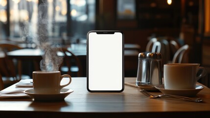 Poster - A blank-screen smartphone on a cafe table with steaming coffee cups and cutlery, evoking a modern and stylish environment for digital concepts