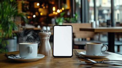 Poster - A blank-screen smartphone on a cafe table with steaming coffee cups and cutlery, evoking a modern and stylish environment for digital concepts