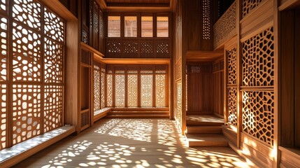 Poster - A bright wooden interior with stunning latticework patterns, where sunlight filters through, creating intricate shadows and adding a natural touch