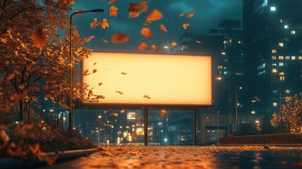 Poster - A city at night with a large blank billboard, autumn leaves drifting down in the quiet evening air, creating a perfect space for an ad or design project