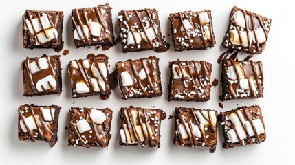 Poster - A close-up of ten delectable brownie squares, each drizzled with caramel, topped with chocolate, and sprinkled with marshmallow, set on a white background