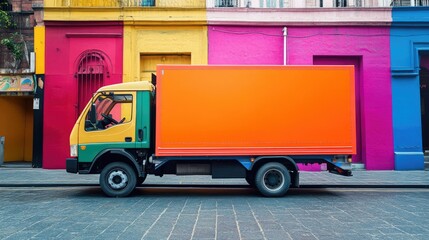 Poster - A colorful delivery truck on a vibrant city street, showcasing urban life and the efficient transport of goods in a lively, colorful environment