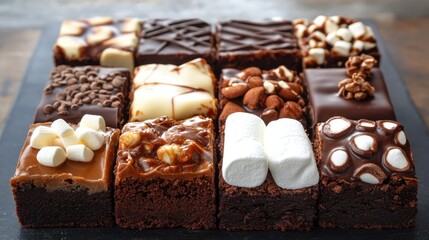 Poster - A delicious assortment of ten brownie squares, each topped with caramel, chocolate, and marshmallow, showcasing tempting textures and flavors