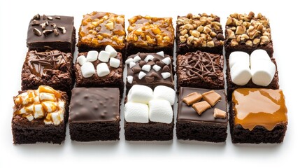 Poster - A delicious assortment of ten brownie squares, each topped with caramel, chocolate, and marshmallow, showcasing tempting textures and flavors