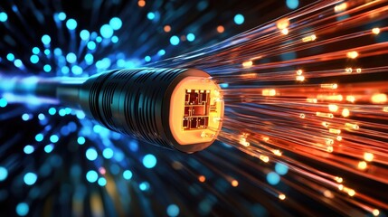 Poster - A digital globe surrounded by glowing fiber optic cables, symbolizing global network connections and high-speed data transfer, with a futuristic tech illustration