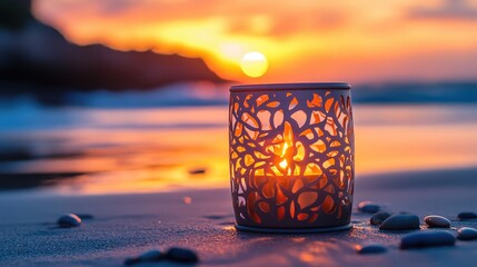 Aufkleber - A glowing candle holder with intricate flame design, casting soft light on the beach as the sun sets, offering a tranquil and romantic beachside scene
