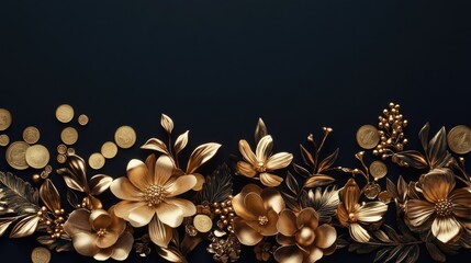 Poster - A luxurious arrangement of golden flowers and coins on a sleek black background, showcasing elegance and wealth