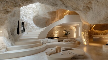 Poster - A luxurious cave interior with polished white stone walls, elegant stairs, and modern seating, creating a sophisticated and serene underground retreat
