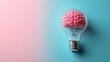© Emile - A pink brain with a light bulb on a blue and pink background represents creativity, innovation, and intelligence