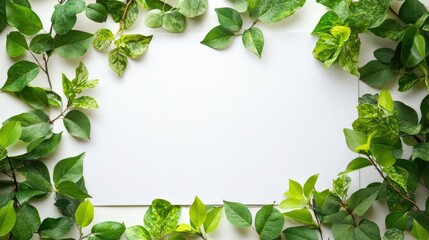 Poster - A minimalist composition of blank white paper surrounded by vibrant green leaves, creating an organic and fresh aesthetic for design projects