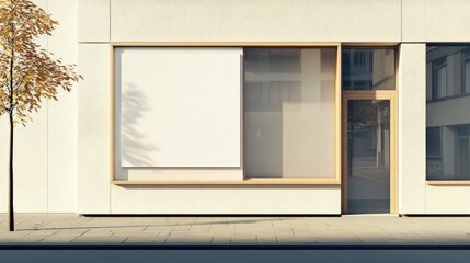 Poster - A minimalist storefront with a blank sign and empty shop window, ideal for showcasing retail signage concepts or vacant commercial spaces