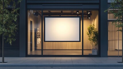 Poster - A modern, empty shop window with a blank sign above, providing a blank canvas for retail advertising, branding, or product presentation