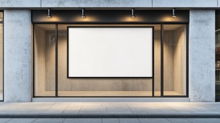 Poster - A modern, empty shop window with a blank sign above, providing a blank canvas for retail advertising, branding, or product presentation