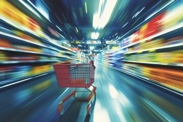 Poster - Grocery cart races through vibrant supermarket aisle in a dynamic and energetic illustration full of colorful excitement Generative AI