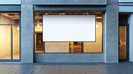 Poster - A modern, empty shop window with a blank sign above, providing a blank canvas for retail advertising, branding, or product presentation