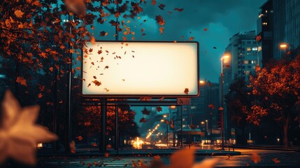 Aufkleber - A nighttime city scene featuring a blank billboard, illuminated by street lights, with autumn leaves falling in the foreground, adding a touch of seasonal beauty