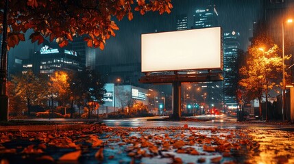 Aufkleber - A nighttime view of a city street with a blank billboard, autumn leaves swirling in the breeze, creating a calm, seasonal backdrop for advertisements