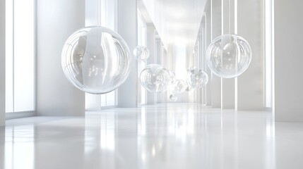 Poster - A pristine white architectural interior with glass spheres suspended, offering a clean and sophisticated ambiance perfect for modern design or art concepts