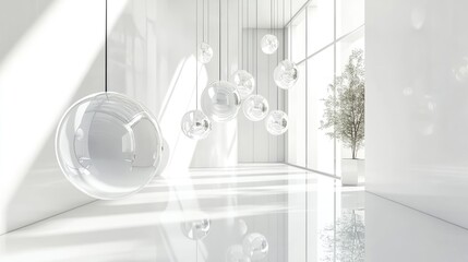 Aufkleber - A pristine white architectural interior with glass spheres suspended, offering a clean and sophisticated ambiance perfect for modern design or art concepts