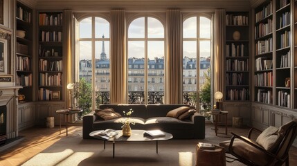 Aufkleber - A tastefully decorated Parisian apartment living room with bookshelves, featuring a stunning city view of Paris from the window