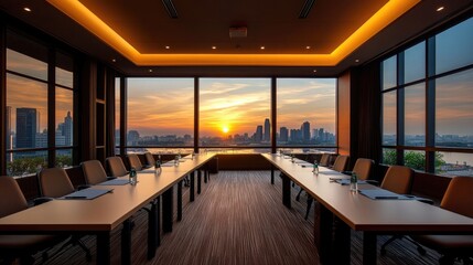 Poster - An empty conference room with a breathtaking view of the city skyline at sunset, capturing the calm before a meeting, with warm lighting and urban backdrop