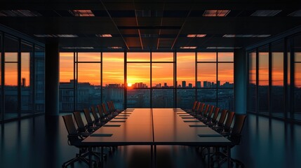 Poster - An empty conference room with a breathtaking view of the city skyline at sunset, capturing the calm before a meeting, with warm lighting and urban backdrop