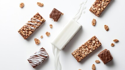 Aufkleber - Assorted granola bars with milk pouring over them, arranged on a white background, offering a delicious, nutritious snack concept