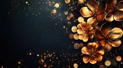 Poster - Beautiful golden flowers and shimmering coins set against a dark background, creating a sophisticated, opulent look