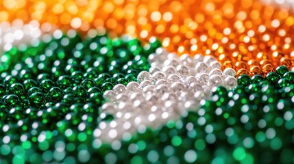 Poster - Close-up of a decorative bead arrangement in the shape of the Irish flag, using green, white, and orange beads for a colorful celebration